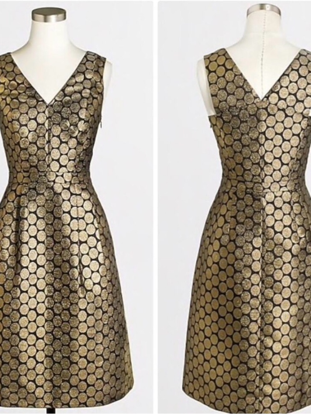 J Crew Gold Polka Dot V-Neck A-Line Dress